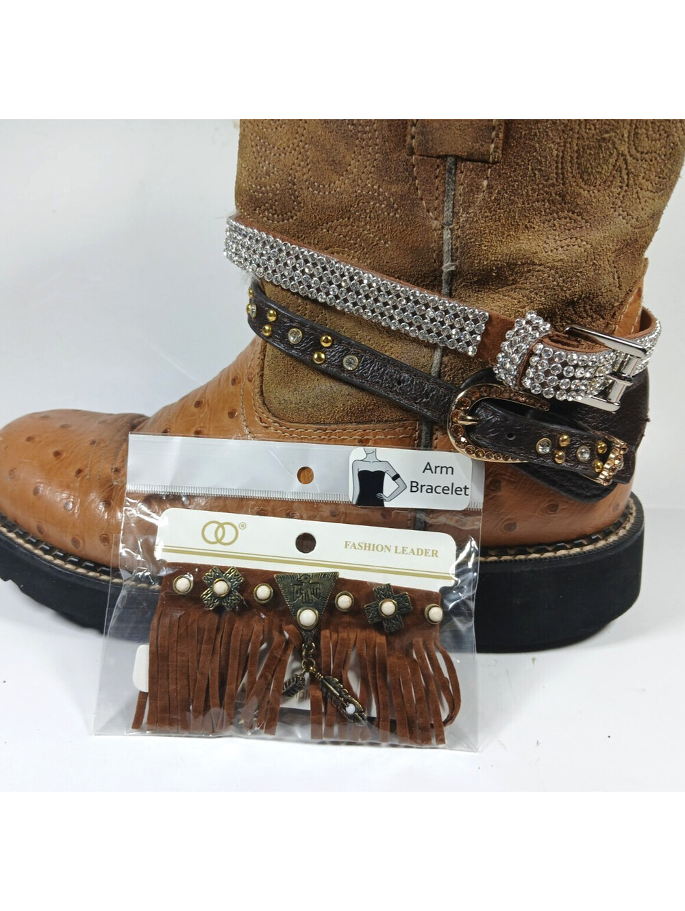 2 Boot belts, 1 Western Fringe Hippy Arm Bracelet Cowgirl Bling Jewelry